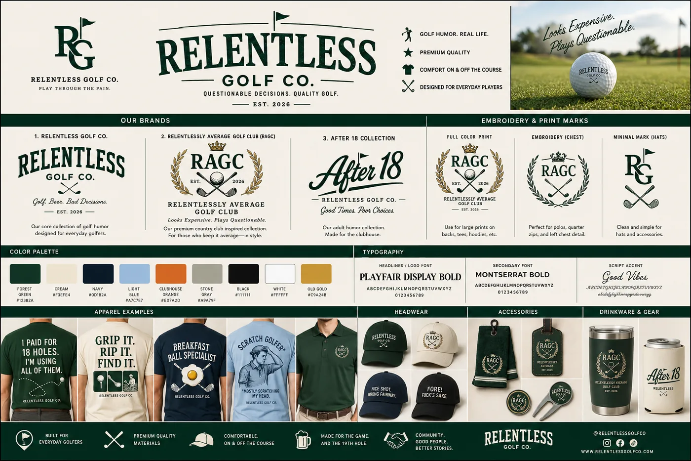 Relentless Golf Co. logos, brand marks, color palette and style guide